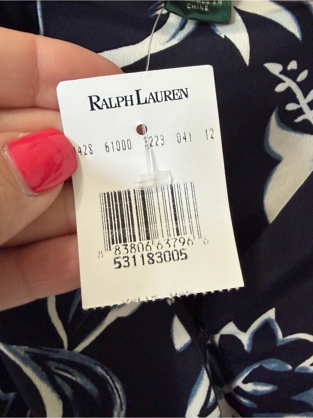NWT Lauren Ralph Lauren Navy White Floral Ruched Faux Wrap Sheath Dress 14P - Picture 6 of 11